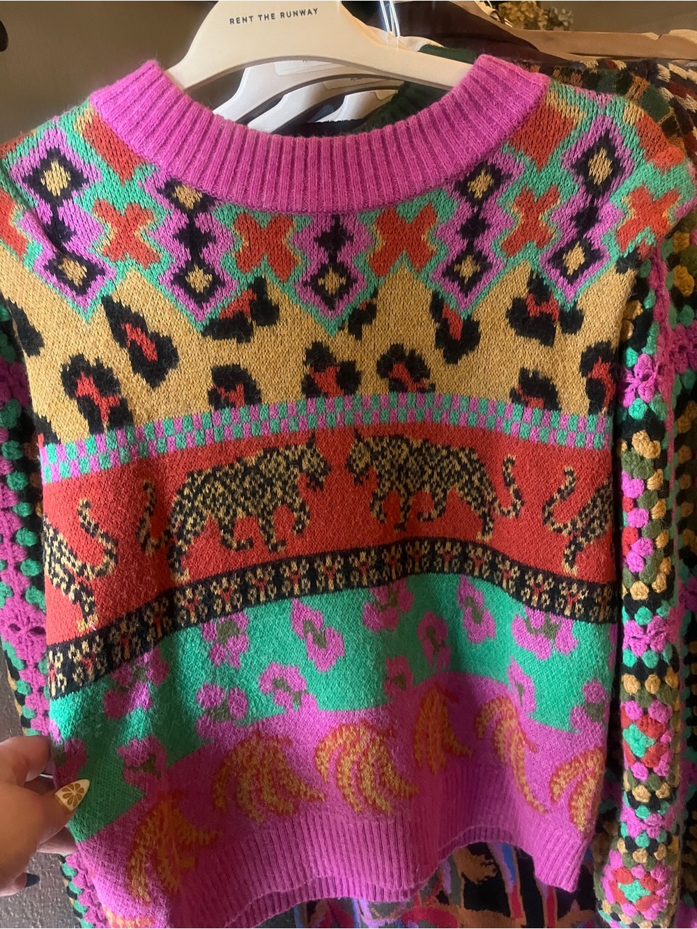 FARM Rio Pink, Green & Red Patterned Crewneck Sweater crochet sleeves